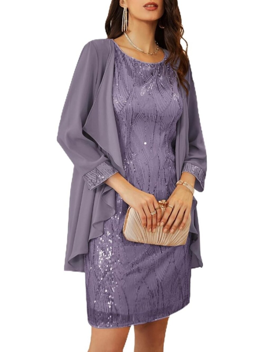 Women's Dark Green Two Piece 3/4 Sleeve Chiffon Jacket Wedding Guest Dresses